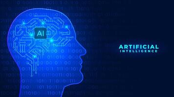 Artificial Intelligence illustration. Digital brain human head outline chipset circuit board and machine learning concept. Digital computer binary code. Head shape. Data transfer concepts in internet. vector