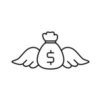Flying moneybag icon. Money bag with wings cartoon outline illustration. great for financial, investment, or business related content in need of eyecatching visuals. vector