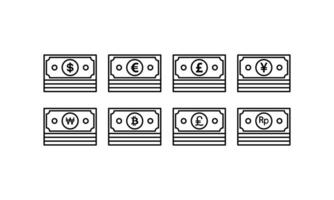 Eight drawings of currency stacks with different symbols. Ideal for finance, banking, economy, and moneyrelated design projects. vector