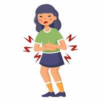 A sad girl is experiencing acute abdominal pain. Symptoms of intestinal infection or food poisoning in a child. Digestive problems. Bloating and gastritis. vector