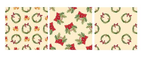 Set of three seamless patterns in flat style with Christmas wreaths, holiday bells, and festive branches vector