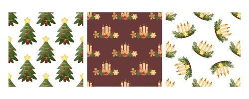 Set of three seamless patterns in flat style with Christmas trees, festive arrangements, and Advent wreaths vector