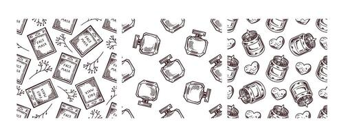 Hand-drawn seamless pattern set with cosmetics, flowers and skincare elements vector