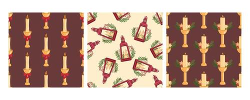 Set of three seamless patterns in flat style with festive candles, holiday lanterns, and Christmas centerpieces vector