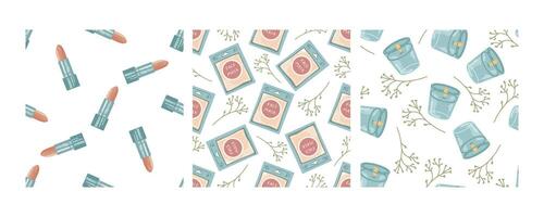 Hand-drawn seamless pattern set with lipstick, face masks, and candles vector