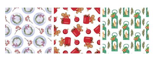 Set of three seamless patterns in flat style with holiday wreaths, gingerbread mugs, and decorative lanterns vector
