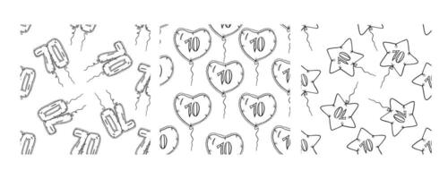 Set of three seamless doodle patterns with number balloons in shapes of letters, hearts, and stars vector