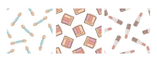 Hand-drawn seamless pattern set of cosmetic items and makeup tools vector