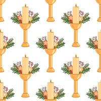 Golden candle seamless pattern with festive greenery, cookies, and berries illustration vector