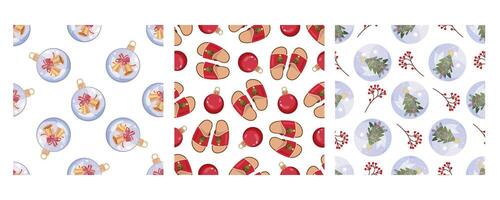 Set of three seamless patterns in flat style with Christmas ornaments, slippers, and festive snow globes vector