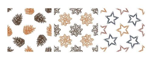 Christmas seamless pattern with pinecones, ginger cookies, and stars vector
