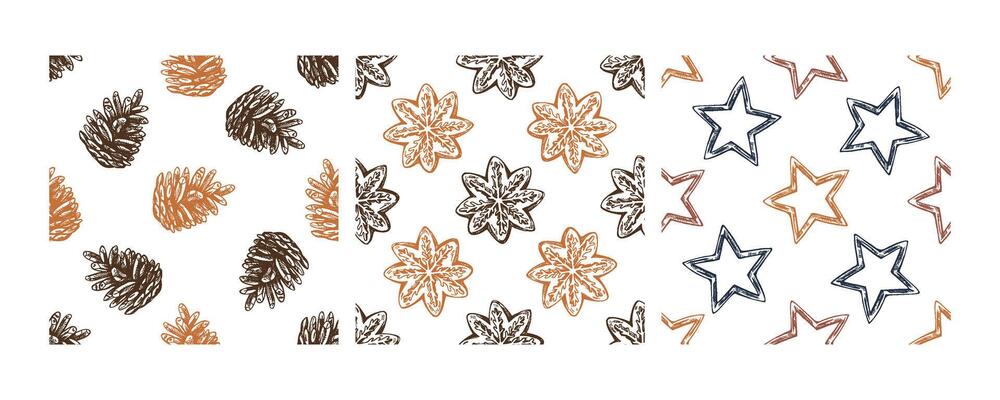 Christmas seamless pattern with pinecones, ginger cookies, and stars