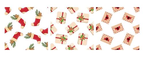 Set of three seamless patterns in flat style with Christmas stockings, festive gifts, and holiday envelopes vector