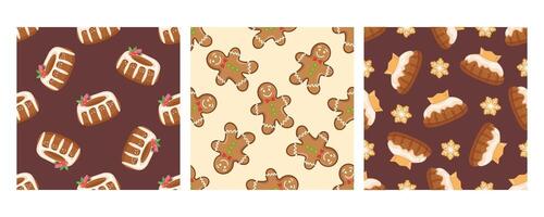 Set of three seamless patterns in flat style with Christmas cakes, gingerbread cookies, and festive pastries vector