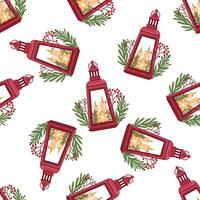 Red Christmas lantern seamless pattern with candles, greenery, and festive cookie illustration vector