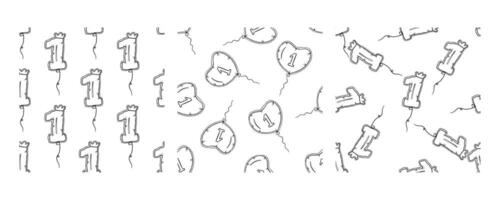 Set of three doodle-style balloon patterns showcasing the number 1 in numeric, heart, and creative shapes vector