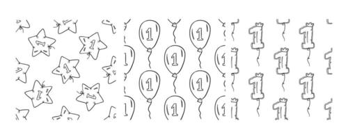 Set of three seamless doodle patterns with balloons featuring the number 1 in star, oval, and rectangular shapes vector