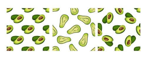 Hand-drawn avocado seamless pattern with green halves and slices vector