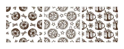 Brown monochrome Christmas seamless pattern with candy apples, hot drinks, and cinnamon sticks vector