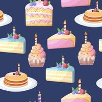 Seamless pattern with cakes, cupcakes, pancakes, and candles vector