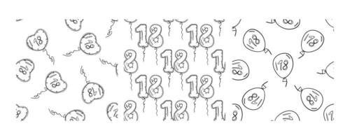 Set of three seamless doodle patterns with balloons featuring the number 18 in various shapes vector