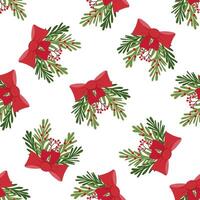 Christmas greenery seamless pattern with red bow and berries illustration vector