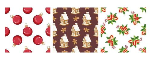 Set of three seamless patterns in flat style with Christmas baubles, gingerbread houses, and holiday florals vector
