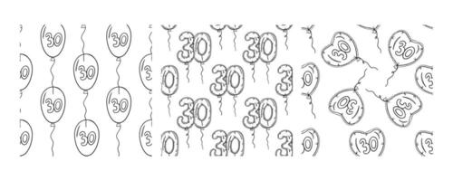 Set of three seamless doodle patterns with balloons featuring the number 30 in oval, heart, and numeric shapes vector