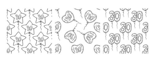 Set of three doodle-style balloon patterns featuring the number 30 in star, heart, and numeric designs vector