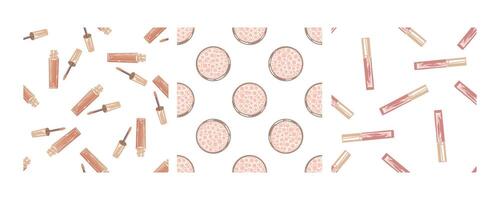 Hand-drawn seamless pattern set with makeup lip gloss and powder vector