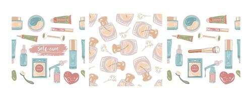 Hand-drawn seamless pattern set with skincare and self-care products design vector