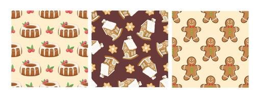 Set of three seamless patterns in flat style with Christmas cakes, gingerbread houses, and gingerbread men vector