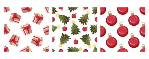 Set of three seamless patterns in flat style with Christmas gifts, decorated trees, and red baubles vector