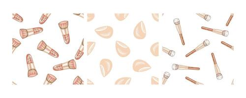 Hand-drawn seamless pattern set with makeup brushes and sponges vector