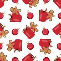 Christmas seamless pattern with mugs, gingerbread cookies, and ornaments vector