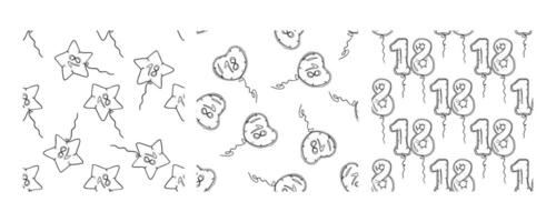 Set of three doodle-style balloon patterns featuring the number 18 in star, heart, and numeric shapes vector