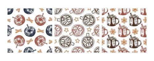 Christmas seamless pattern with candy apples, hot drinks, and cinnamon sticks vector