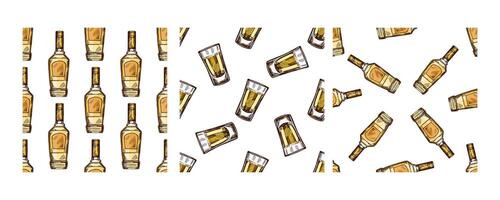 Tequila and-drawn seamless pattern with bottles and glasses vector