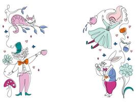 Alice in Wonderland background. Horizontal template with characters and symbols of famous fairy tale. Line art style design. Hand drawn illustration. vector