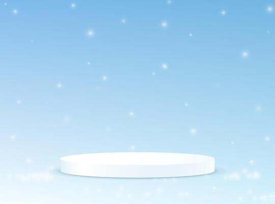 Blue background 3d with snow and white podium. Christmas background. Space for selling products on the website. illustration.