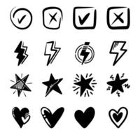 Collection of doodle elements of love, checkmarks, lightning and stars, for concept design. vector