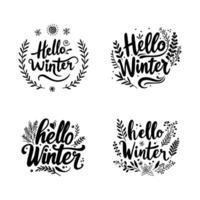 a collection of Hello winter calligraphy with decorations around it on a white background vector