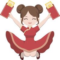 Woman in Cheongsam Holding Red Envelope and Jumping for Lunar New Year. vector