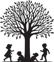 Four Kids Play Under Tree Silhouette. vector