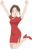Woman in Cheongsam Jumping Cheerfully for Lunar New Year. vector