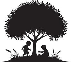 Boys Sitting on Ground and Play Under Tree Silhouette. vector