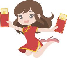 Woman in Cheongsam Two Hands Holding Red Envelope for Lunar New Year. vector