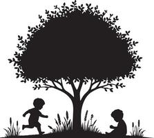Two Boys Play Under Tree Silhouette. vector