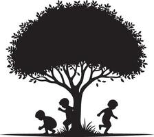 Three Kids Play Under Tree Silhouette. vector