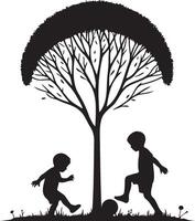 Two Kids Play Soccer Under Tree Silhouette. vector